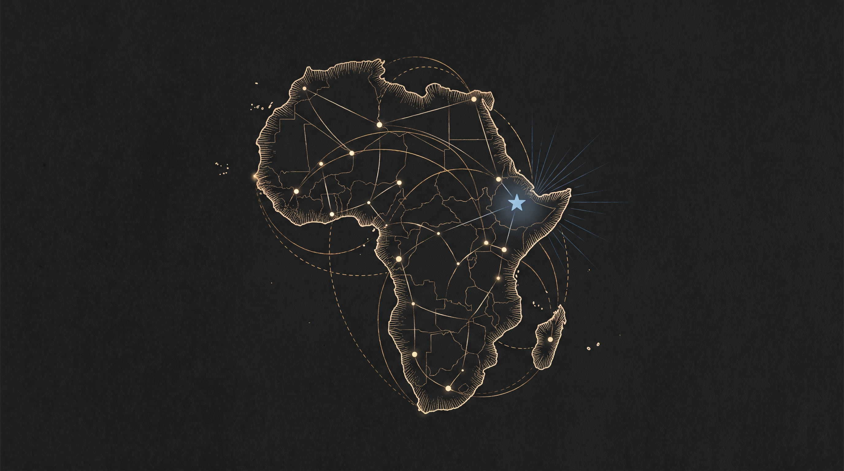Illustrated map of Africa rendered in gold linework with diplomatic connection lines and a star marking the Horn of Africa